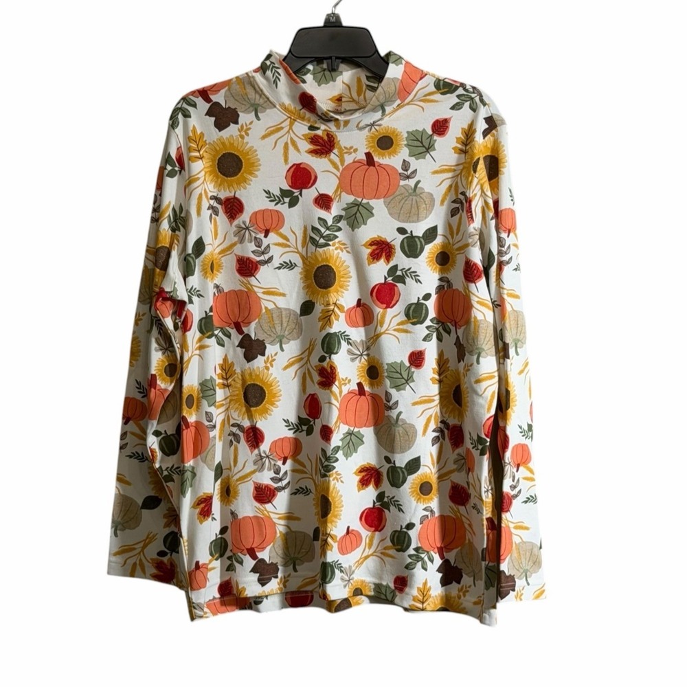 Blair Sz XL Turtleneck Pumpkins Sunflower Print Thanksgiving Halloween